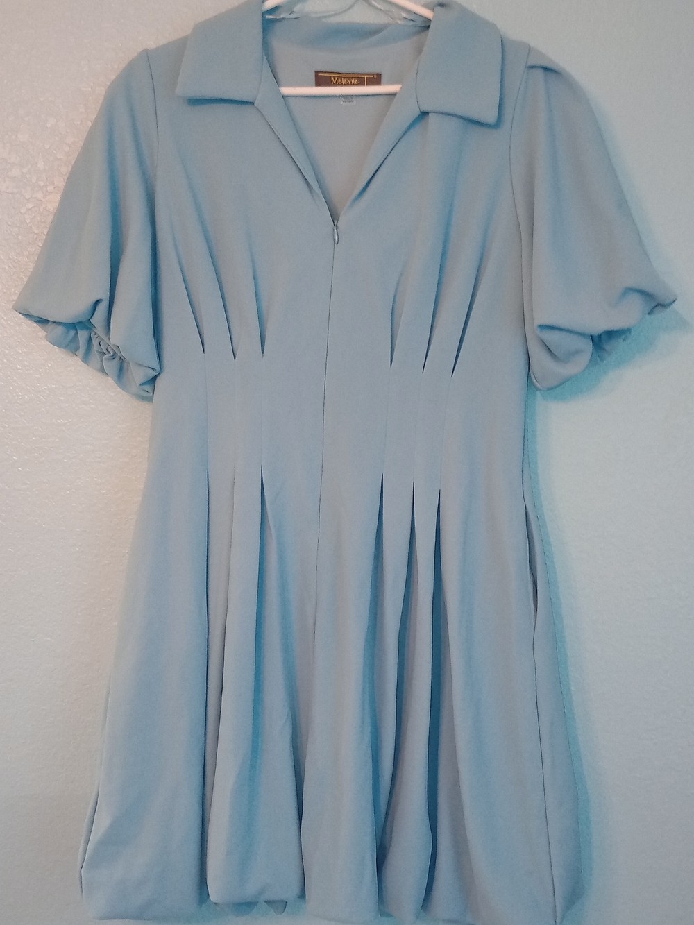 Light Blue Midi Dress with Pleated Skirt And Pockets
